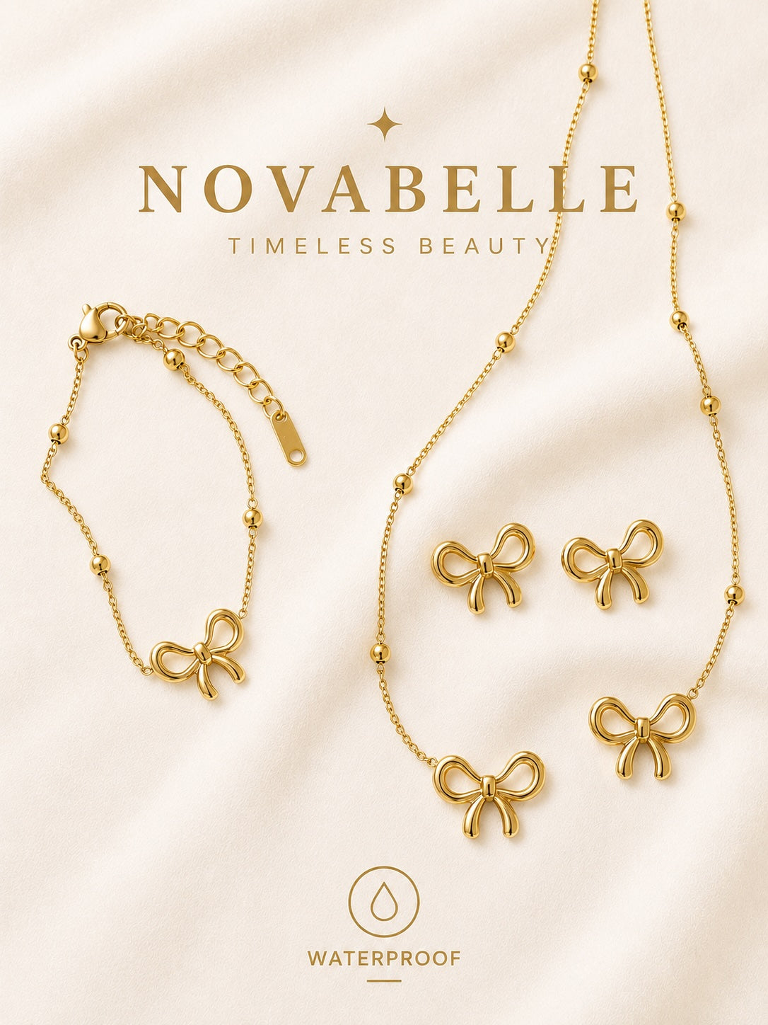 3pcs 18K Gold-Plated Bow Jewelry Set for Women - Golden Bow Trio