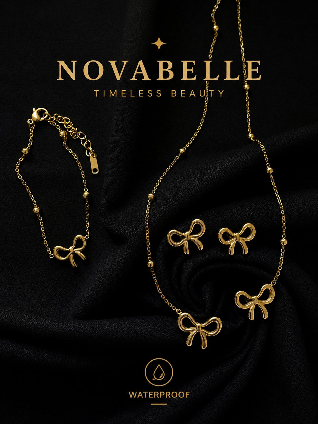 3pcs 18K Gold-Plated Bow Jewelry Set for Women - Golden Bow Trio