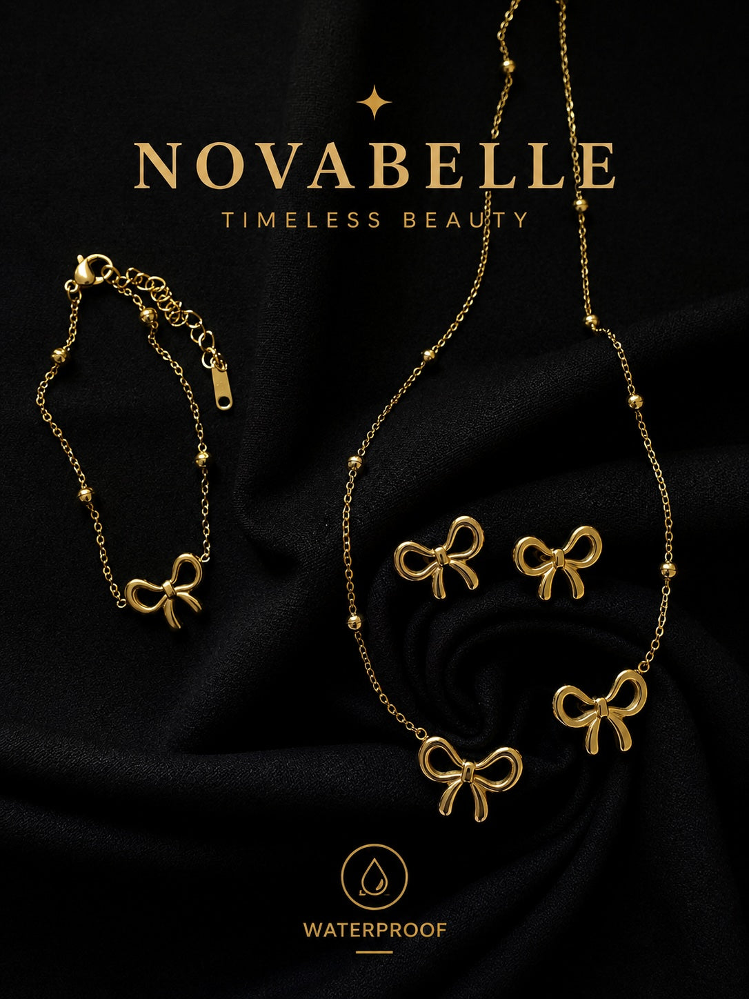 3pcs 18K Gold-Plated Bow Jewelry Set for Women - Golden Bow Trio